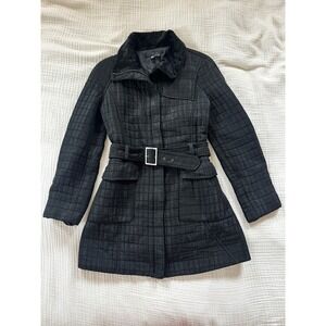 Zara Quilted Jacket Black Fur Collar Belted Mob Wife Vintage Y2K Coat M Medium